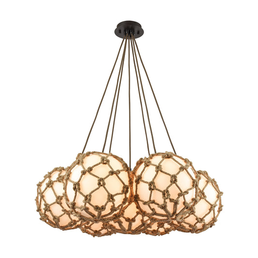 Coastal Inlet 7-Light Chandelier in Oiled Bronze with Rope and Opal Glass