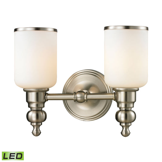 Bristol 2-Light Vanity Lamp in Brushed Nickel with Opal White Blown Glass - Includes LED Bulbs