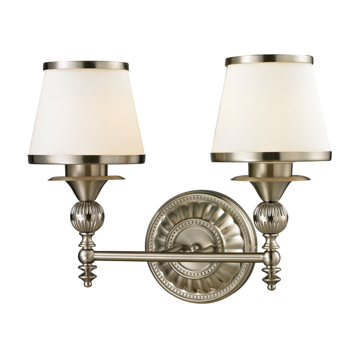 Smithfield 2-Light Vanity Lamp in Brushed Nickel with Opal White Blown Glass