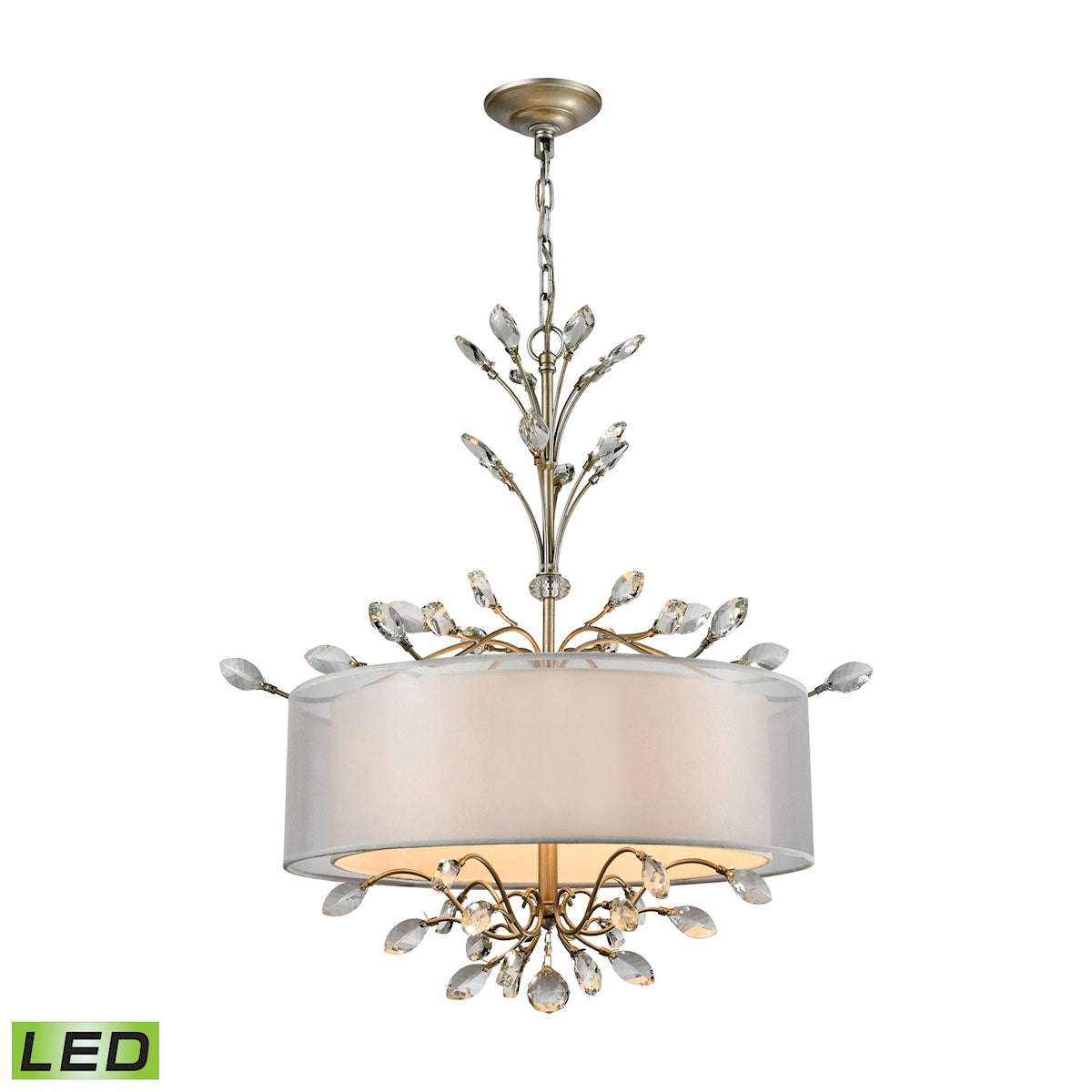 Asbury 4-Light Chandelier in Aged Silver with Organza and White Fabric Shade - Includes LED Bulbs