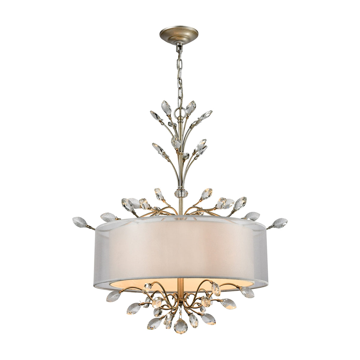 Asbury 4-Light Chandelier in Aged Silver with Organza and White Fabric Shade