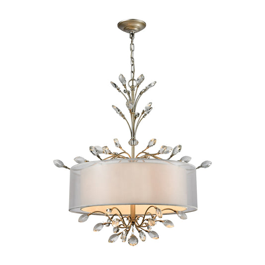 Asbury 4-Light Chandelier in Aged Silver with Organza and White Fabric Shade