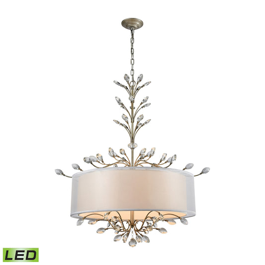 Asbury 6-Light Chandelier in Aged Silver with Organza and White Fabric Shade - Includes LED Bulbs