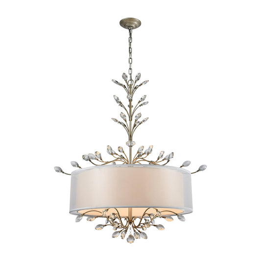 Asbury 6-Light Chandelier in Aged Silver with Organza and White Fabric Shade