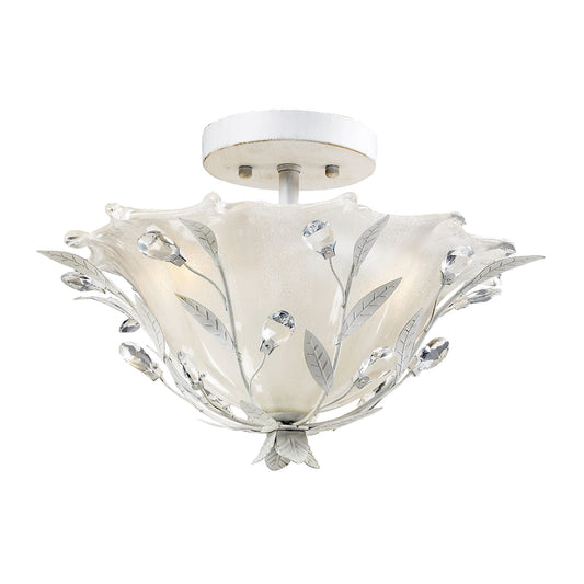 Circeo 2-Light Semi Flush in Antique White with Crystal and White Shade
