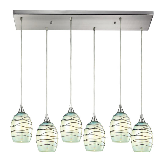 Vines 6-Light Rectangular Pendant Fixture in Satin Nickel with Mint Glass