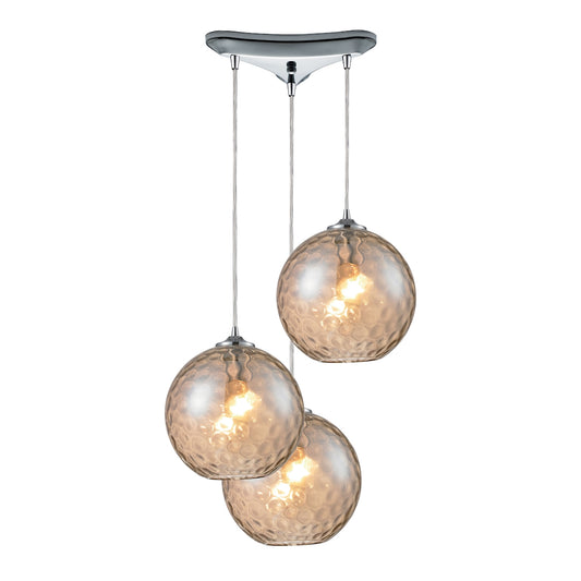 Watersphere 3-Light Triangular Pendant Fixture in Chrome with Hammered Amber Glass