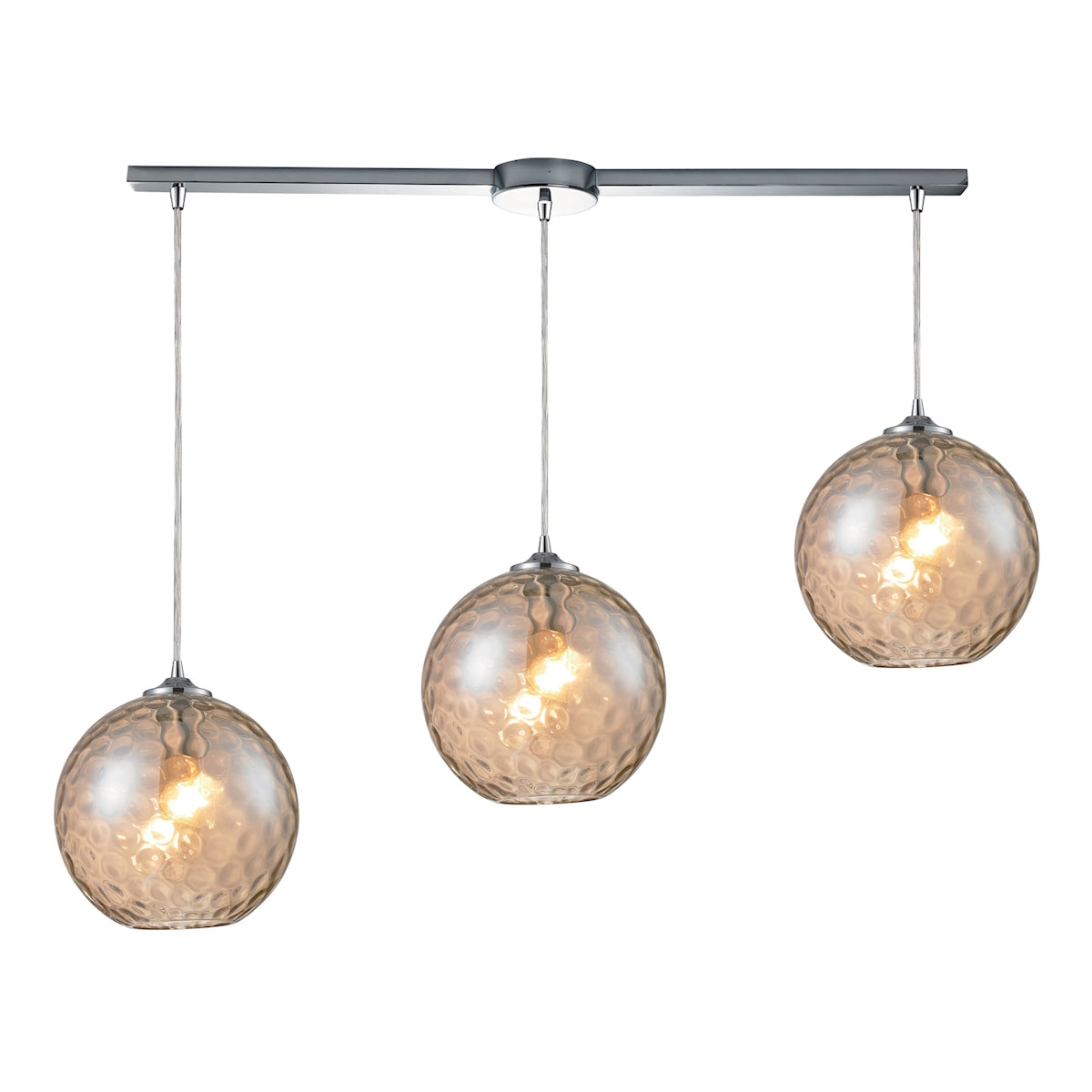 Watersphere 3-Light Linear Pendant Fixture in Chrome with Hammered Amber Glass