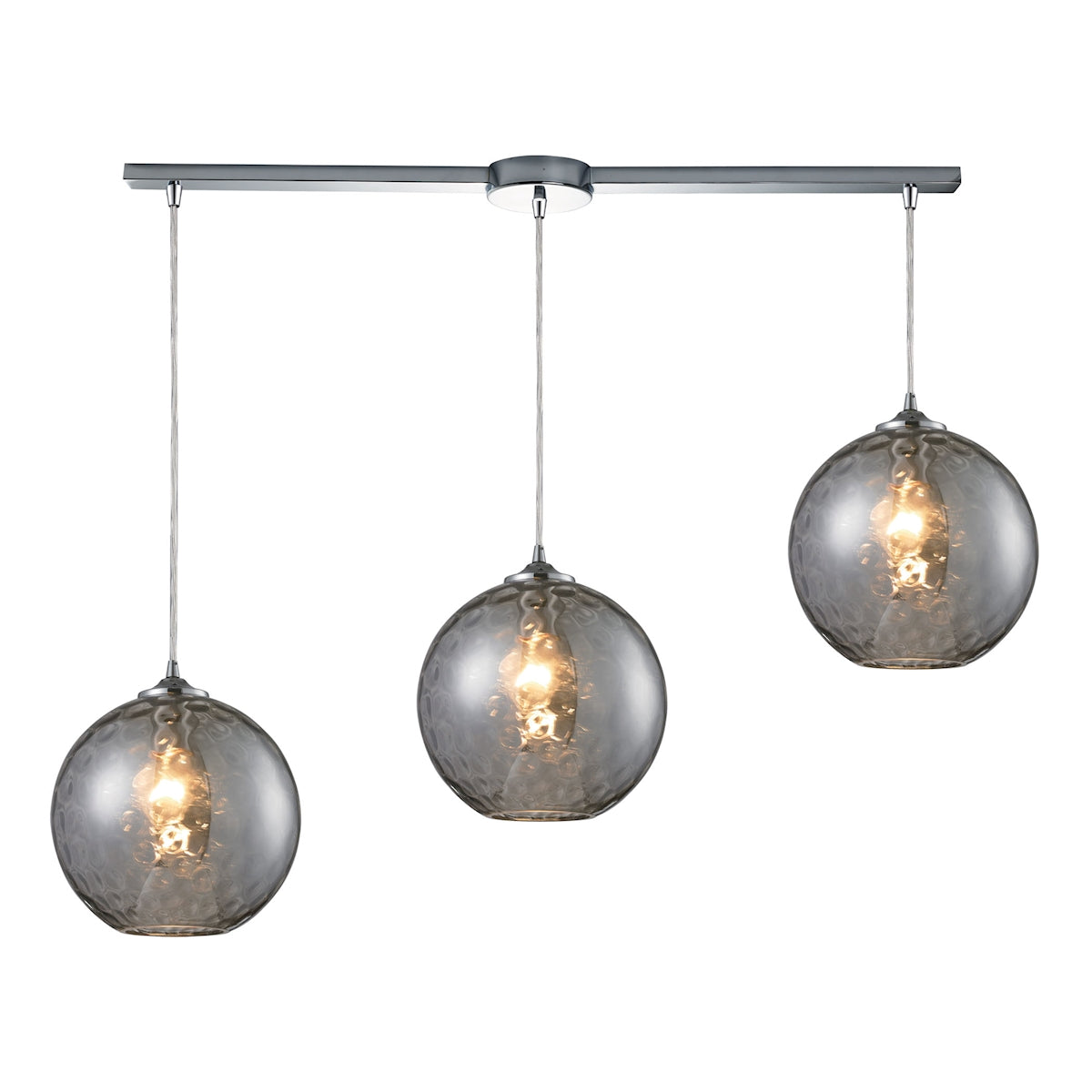 Watersphere 3-Light Linear Pendant Fixture in Chrome with Hammered Smoke Glass