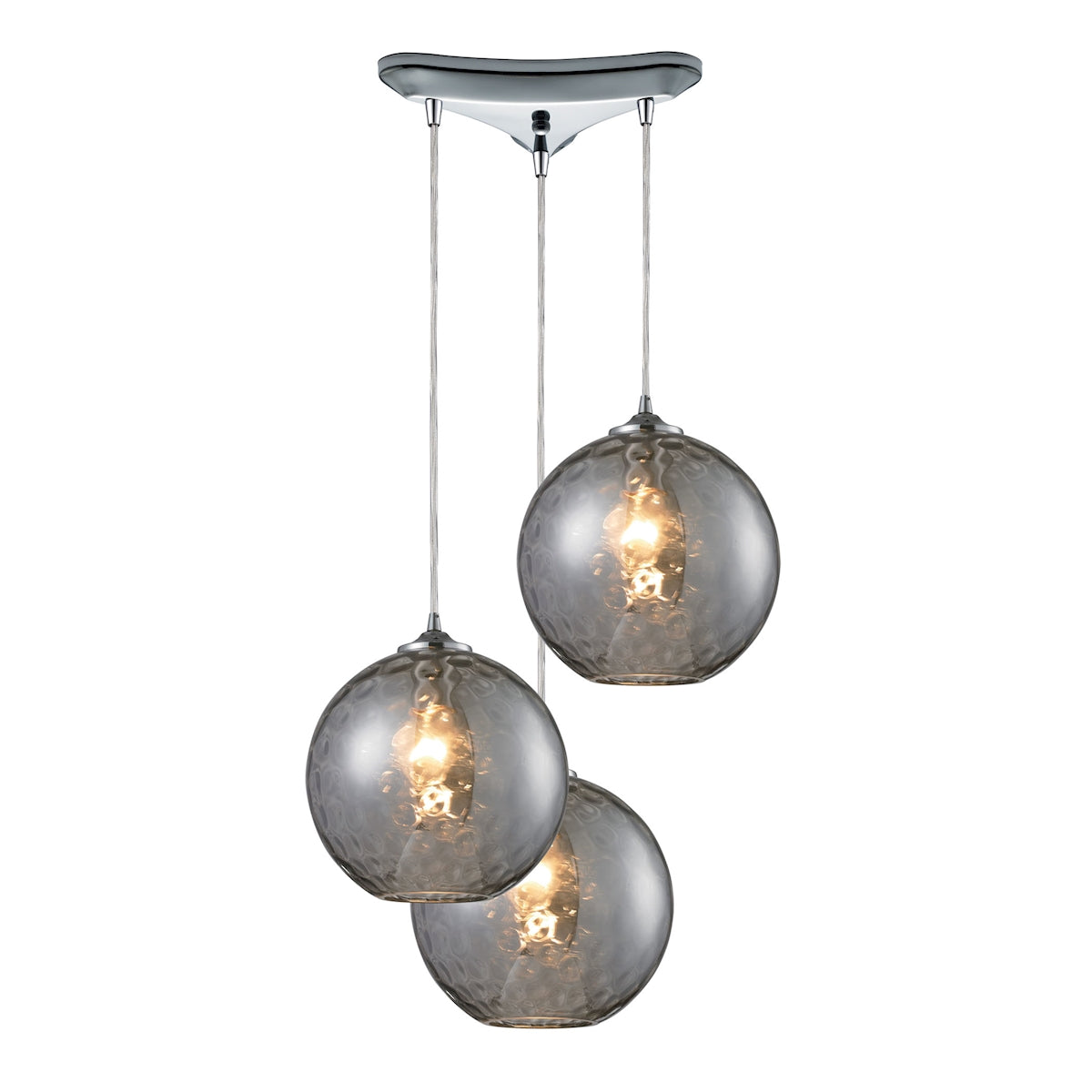 Watersphere 3-Light Triangular Pendant Fixture in Chrome with Hammered Smoke Glass