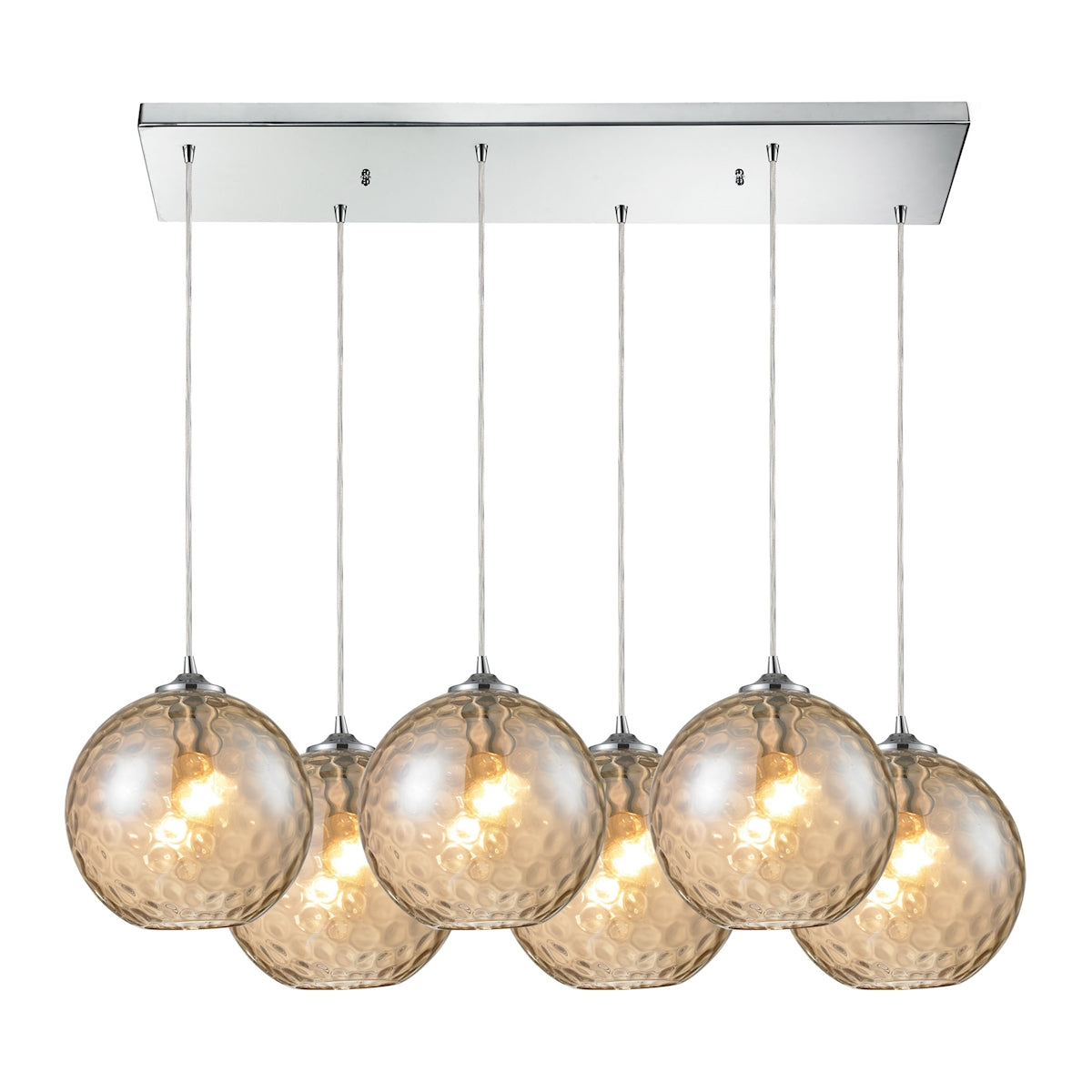Watersphere 6-Light Rectangular Pendant Fixture in Chrome with Hammered Amber Glass