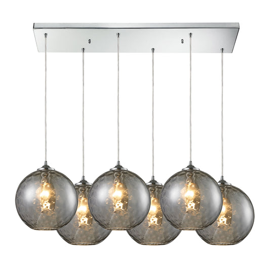 Watersphere 6-Light Rectangular Pendant Fixture in Chrome with Hammered Smoke Glass