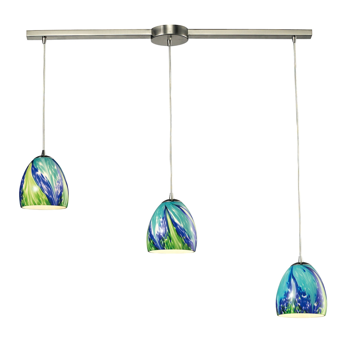 Colorwave 3-Light Linear Pendant Fixture in Satin Nickel with Blue and Green Glass