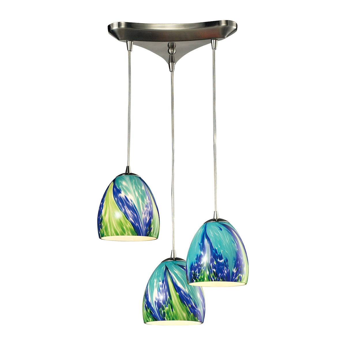 Colorwave 3-Light Triangular Pendant Fixture in Satin Nickel with Blue and Green Glass