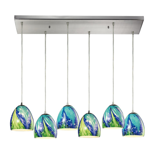 Colorwave 6-Light Rectangular Pendant Fixture in Satin Nickel with Blue and Green Glass