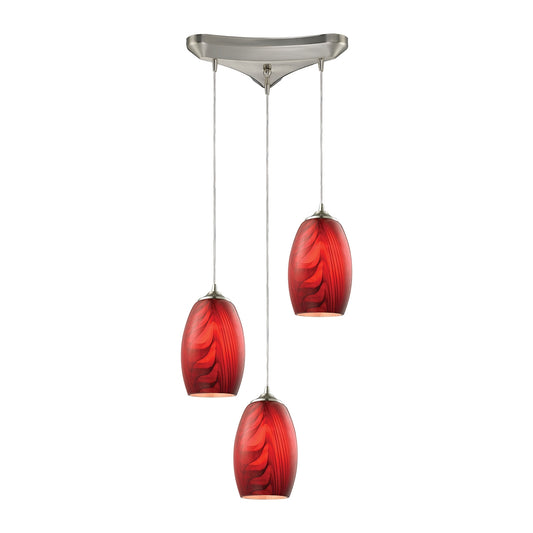 Tidewaters 3-Light Triangular Pendant Fixture in Satin Nickel with Ruby Glass