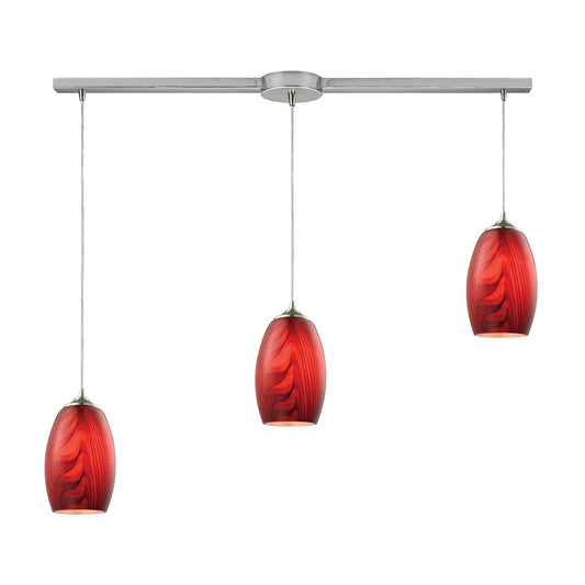 Tidewaters 3-Light Linear Pendant Fixture in Satin Nickel with Ruby Glass