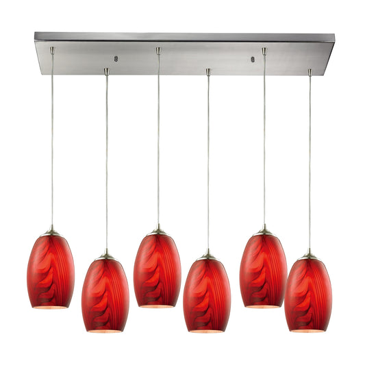 Tidewaters 6-Light Rectangular Pendant Fixture in Satin Nickel with Ruby Glass