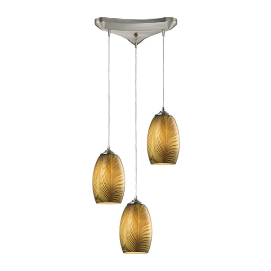 Tidewaters 3-Light Triangular Pendant Fixture in Satin Nickel with Amber Glass