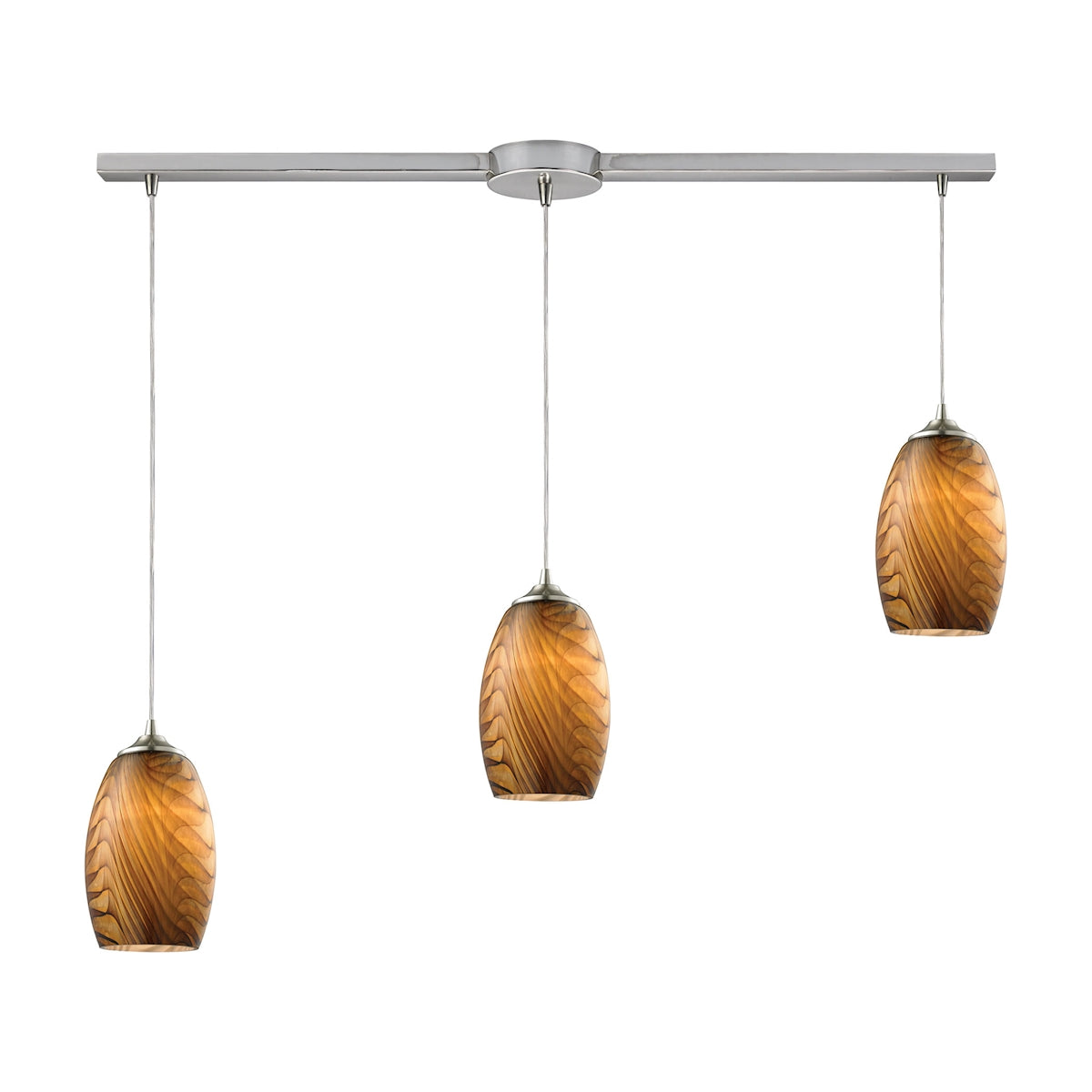 Tidewaters 3-Light Linear Pendant Fixture in Satin Nickel with Amber Glass