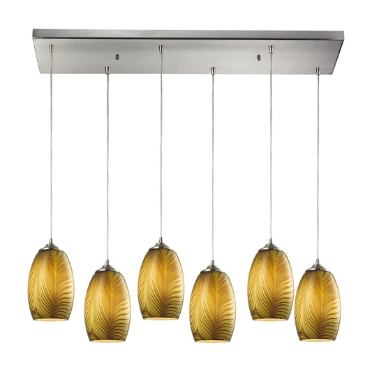 Tidewaters 6-Light Rectangular Pendant Fixture in Satin Nickel with Amber Glass