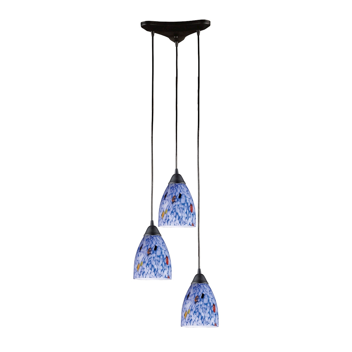 Classico 3-Light Triangular Pendant Fixture in Dark Rust with Starburst Blue Glass