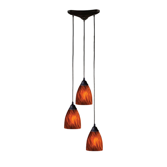 Classico 3-Light Triangular Pendant Fixture in Dark Rust with Espresso Glass