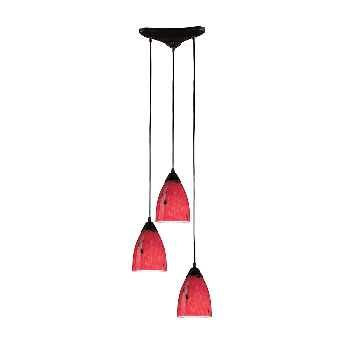 Classico 3-Light Triangular Pendant Fixture in Dark Rust with Fire Red Glass