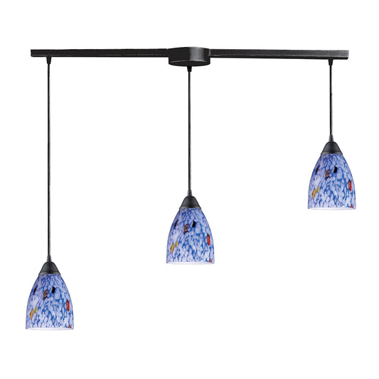 Classico 3-Light Linear Pendant Fixture in Dark Rust with Starburst Blue Glass