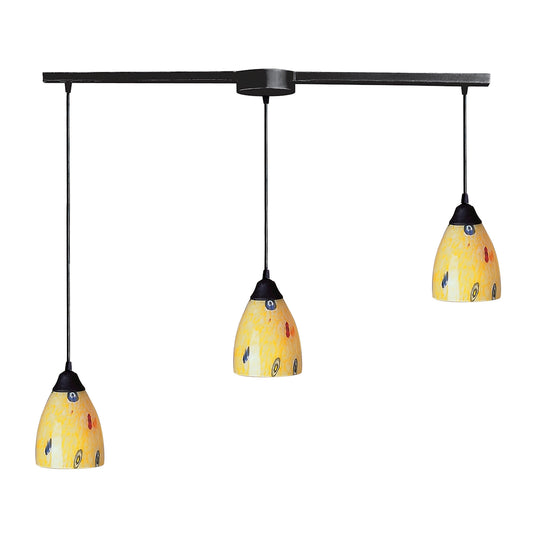 Classico 3-Light Linear Pendant Fixture in Dark Rust with Yellow Blaze Glass