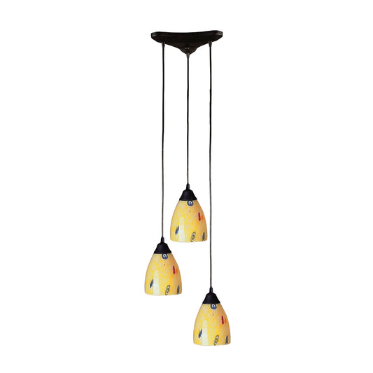 Classico 3-Light Triangular Pendant Fixture in Dark Rust with Yellow Blaze Glass