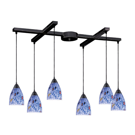 Classico 6-Light H-Bar Pendant Fixture in Dark Rust with Starburst Blue Glass