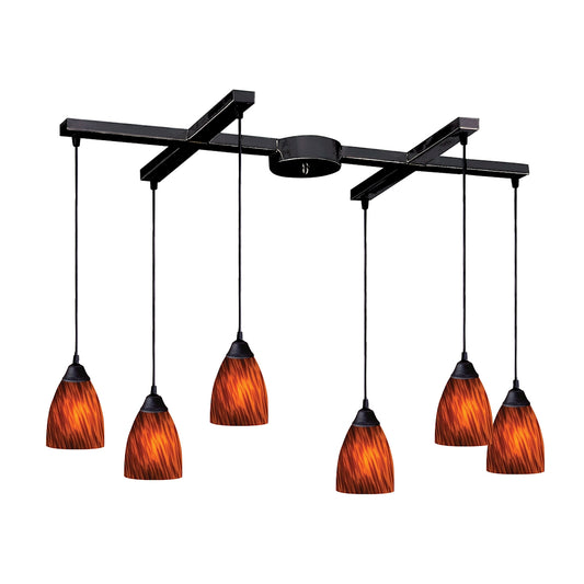 Classico 6-Light H-Bar Pendant Fixture in Dark Rust with Espresso Glass