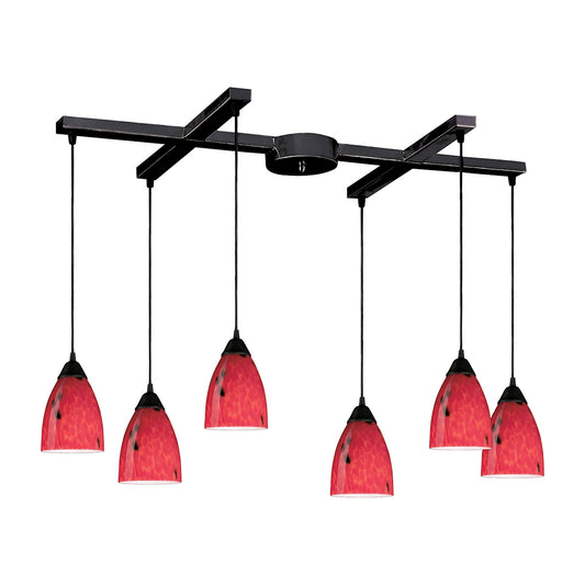 Classico 6-Light H-Bar Pendant Fixture in Dark Rust with Fire Red Glass