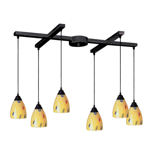 Classico 6-Light H-Bar Pendant Fixture in Dark Rust with Yellow Blaze Glass