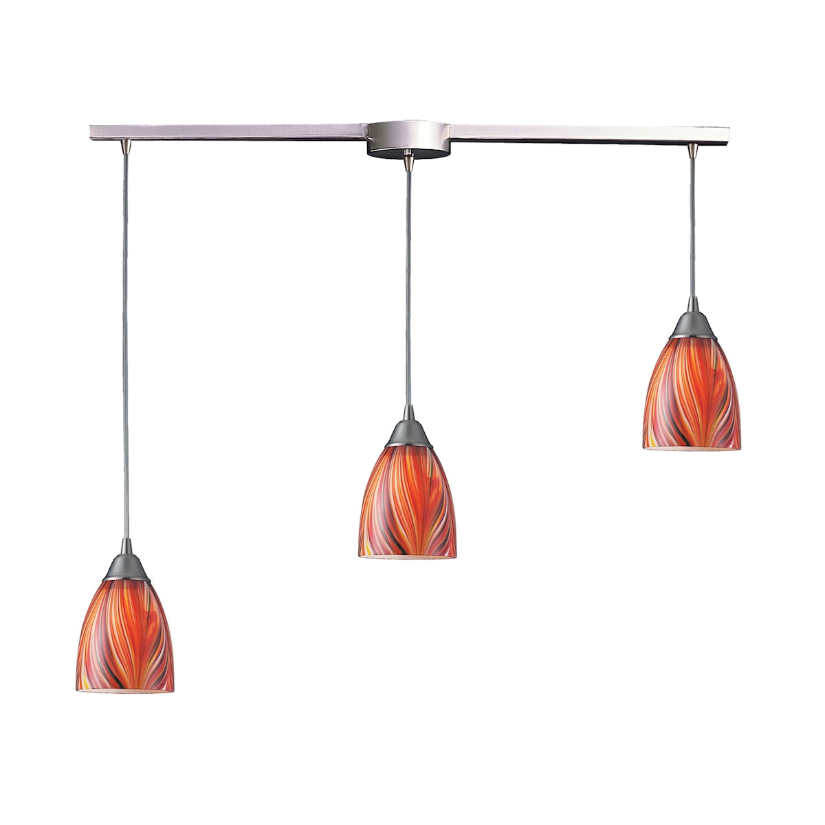 Arco Baleno 3-Light Linear Pendant Fixture in Satin Nickel with Multi-colored Glass