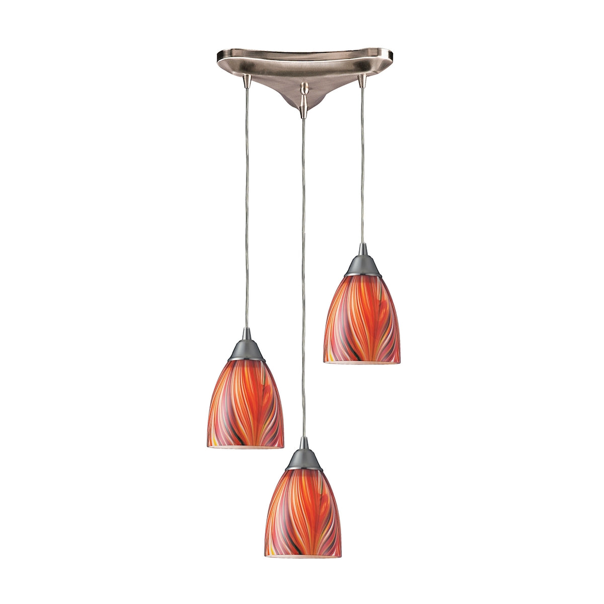 Arco Baleno 3-Light Triangular Pendant Fixture in Satin Nickel with Multi-colored Glass
