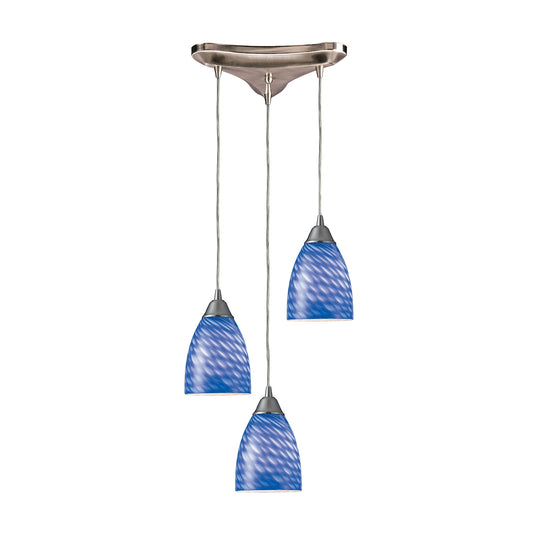 Arco Baleno 3-Light Triangular Pendant Fixture in Satin Nickel with Sapphire Glass