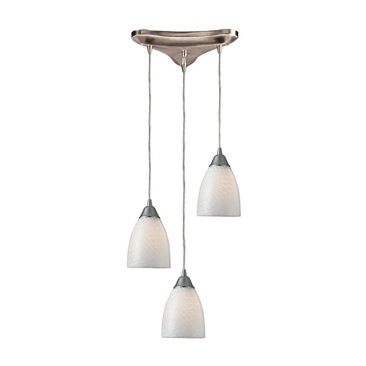 Arco Baleno 3-Light Triangular Pendant Fixture in Satin Nickel with White Swirl Glass