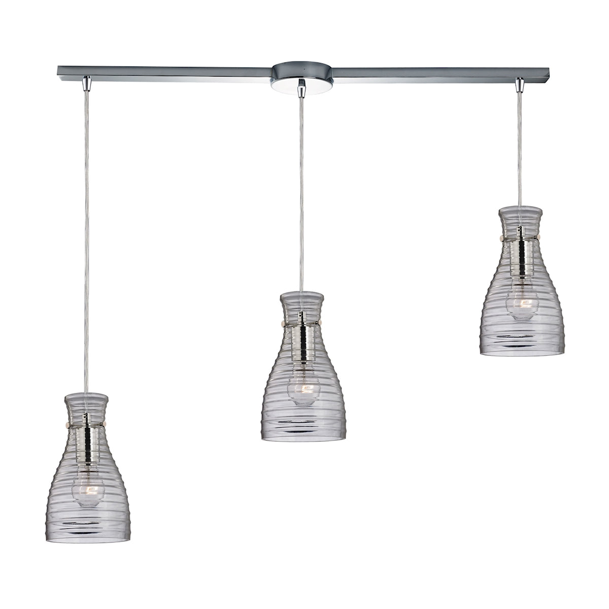 Strata 3-Light Linear Pendant Fixture in Polished Chrome with Ribbed Blown Glass