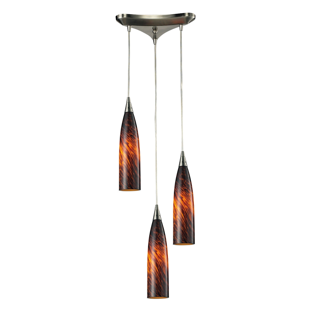 Lungo 3-Light Triangular Pendant Fixture in Satin Nickel with Espresso Glass