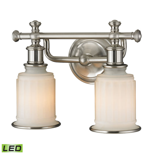 Acadia 2-Light Vanity Lamp in Brushed Nickel with Opal Reeded Pressed Glass - Includes LED Bulbs