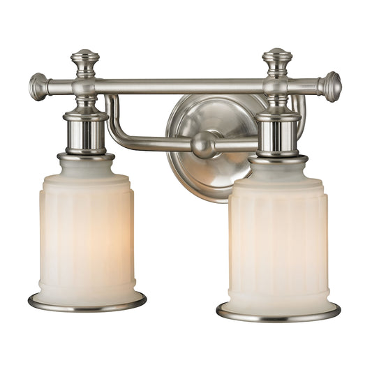 Acadia 2-Light Vanity Lamp in Brushed Nickel with Opal Reeded Pressed Glass