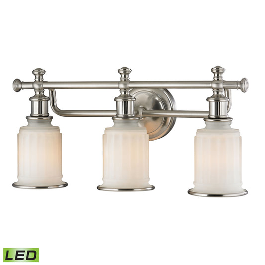 Acadia 3-Light Vanity Lamp in Brushed Nickel with Opal Reeded Pressed Glass - Includes LED Bulbs