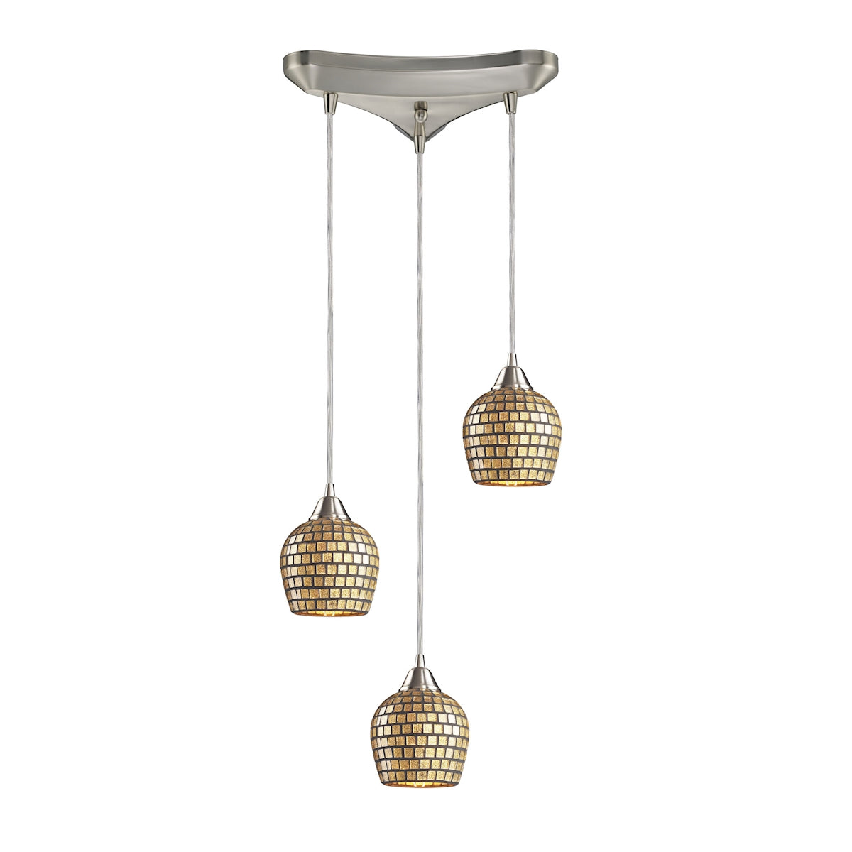 Fusion 3-Light Triangular Pendant Fixture in Satin Nickel with Gold Leaf Mosaic Glass