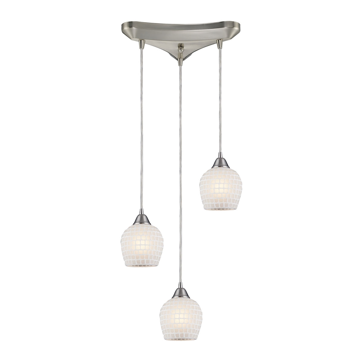 Fusion 3-Light Triangular Pendant Fixture in Satin Nickel with White Mosaic Glass