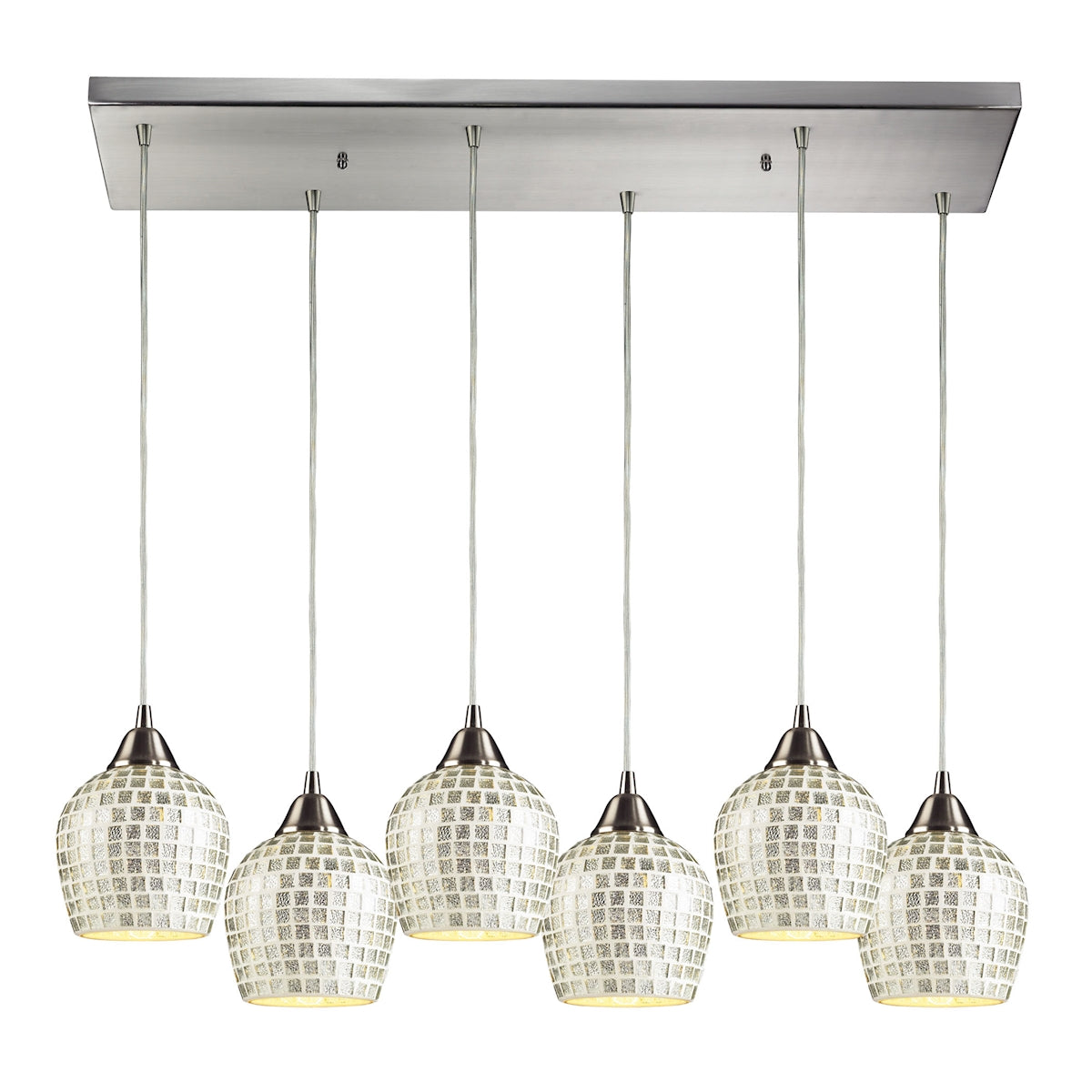 Fusion 6-Light Rectangular Pendant Fixture in Satin Nickel with Silver Mosaic Glass