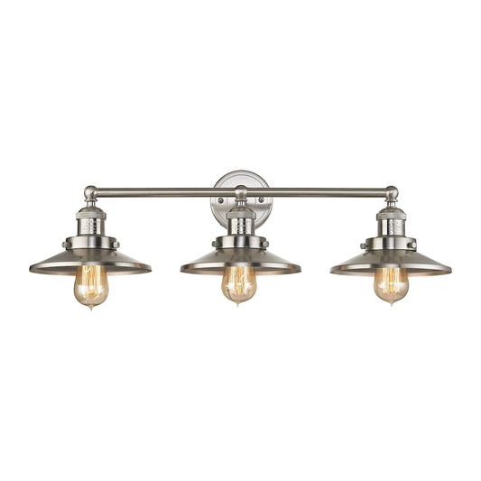 English Pub 3-Light Vanity Lamp in Satin Nickel with Metal Shade