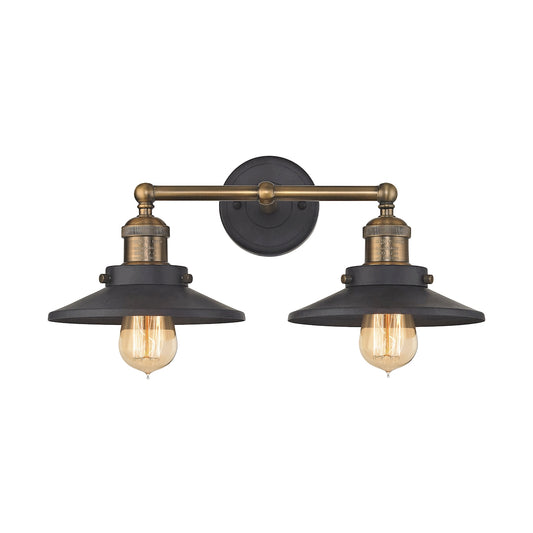 English Pub 2-Light Vanity Lamp in Antique Brass and Tarnished Graphite with Metal Shade