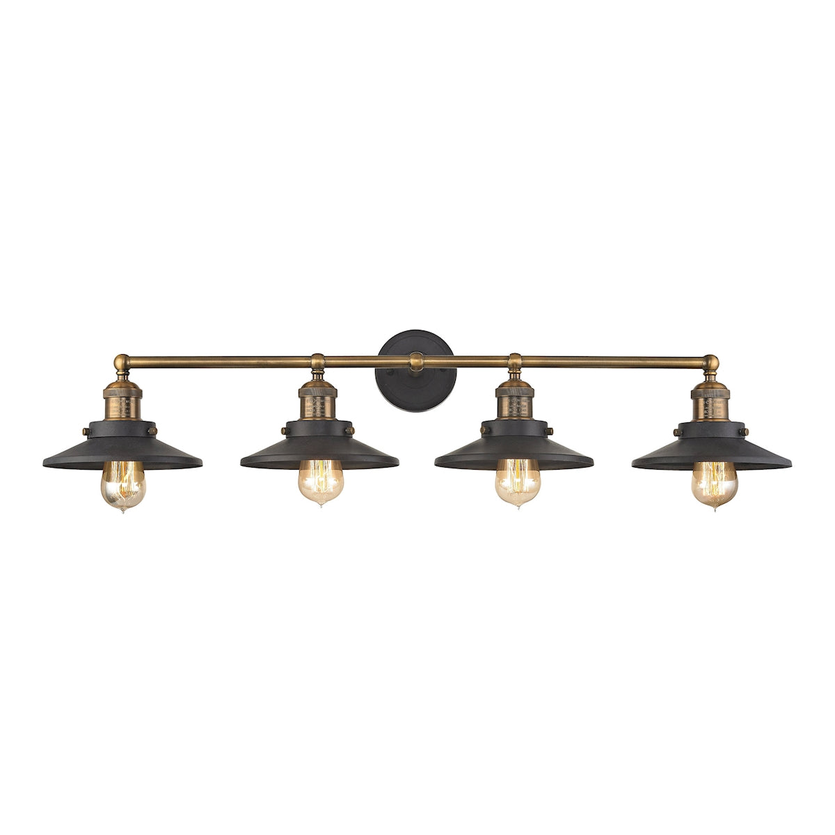 English Pub 4-Light Vanity Lamp in Antique Brass and Tarnished Graphite with Metal Shade